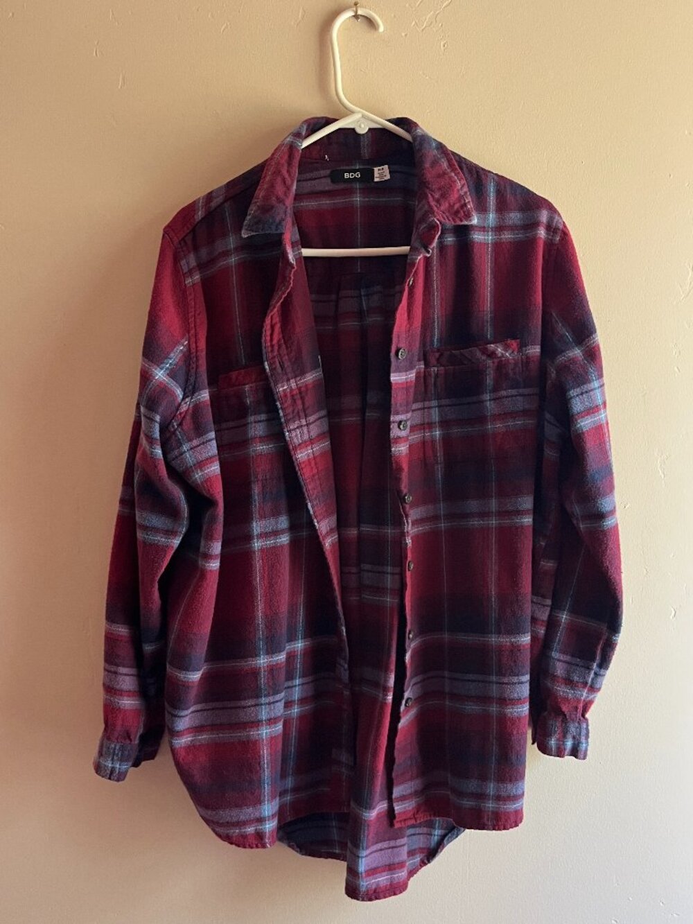 BDG Red Purple Plaid Flannel Button Down Shirt Grunge Indie Oversized cabin fall